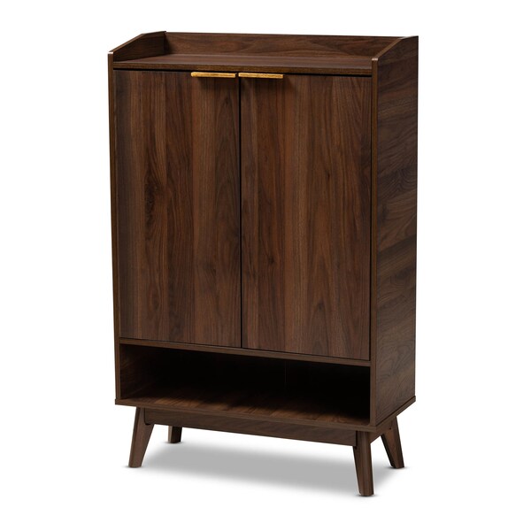 Baxton Studio Lena Mid-Century Walnut Finished 5-Shelf Wood Entryway Shoe Cabinet 157-9536 - main